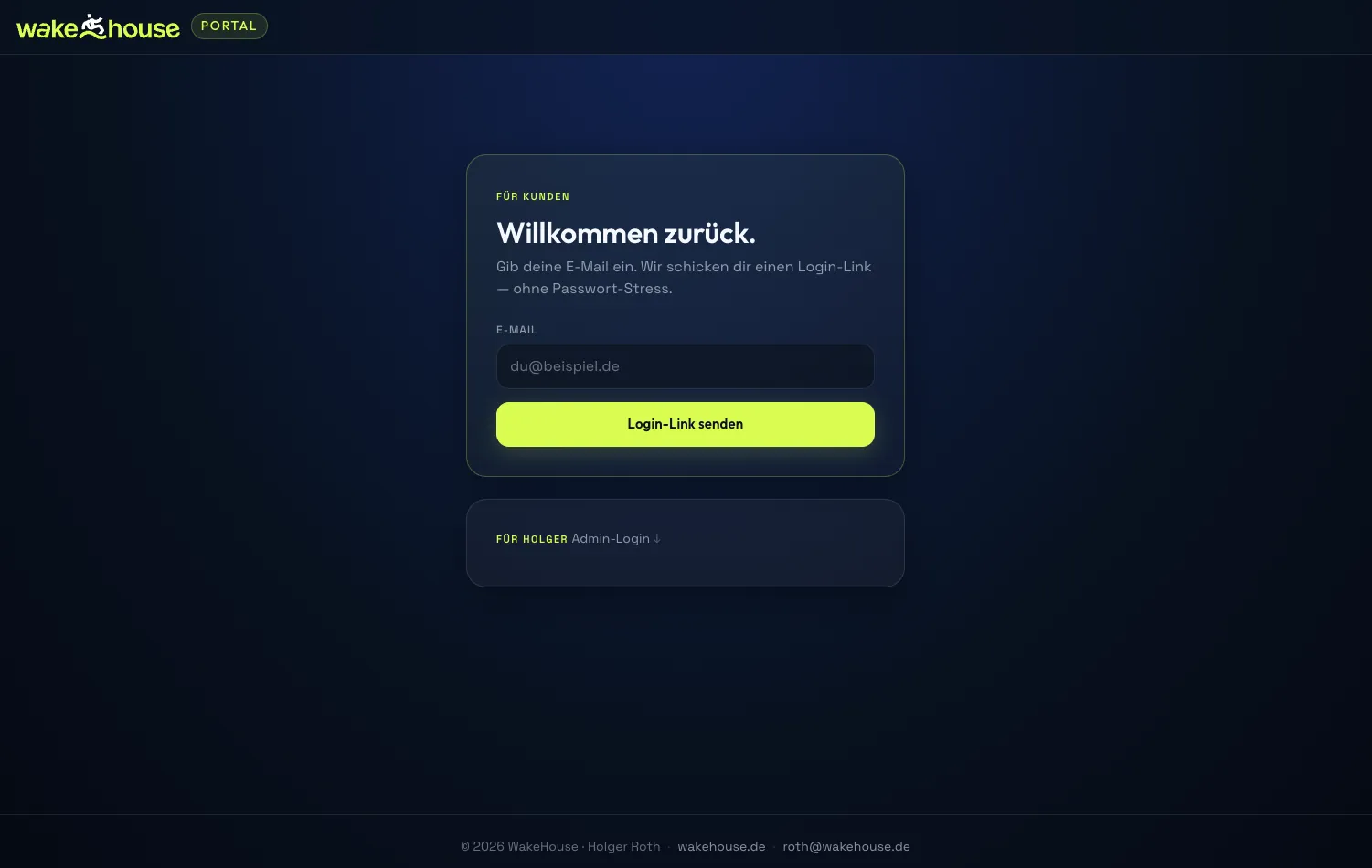 WakeHouse Management- und Buchungsportal Magic-Link-Login